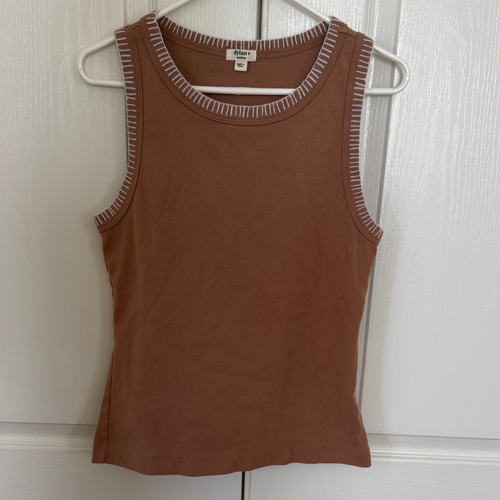 dylan Tan Tank Top with White Contrast Trim